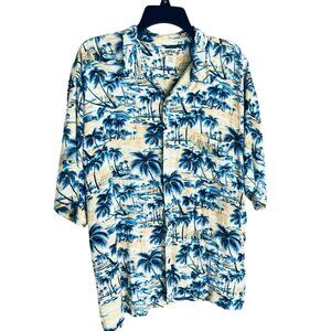 Hawaiian Tropic Shirt Mens XL Button Up Blue Palm Trees Short Sleeve Pocket Top